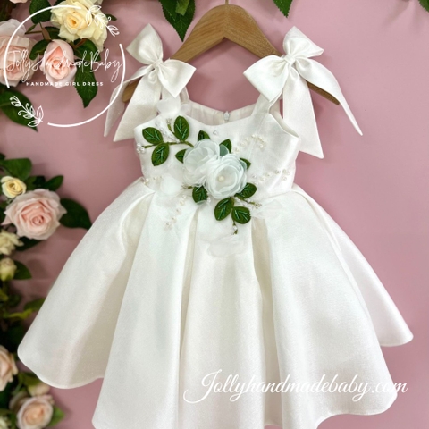 Fluffy Tie Strap Taffeta Dress with Stunning Flower Applique in White | Midi Dress for Baby Girl