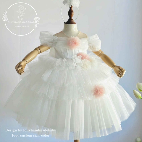 White Princess Dress for Girl, Pastel Girl Dress, Flower Girl Tulle Dress,Fairy Birthday Dress, Handmade Custom Toddler Dress with Bow Back