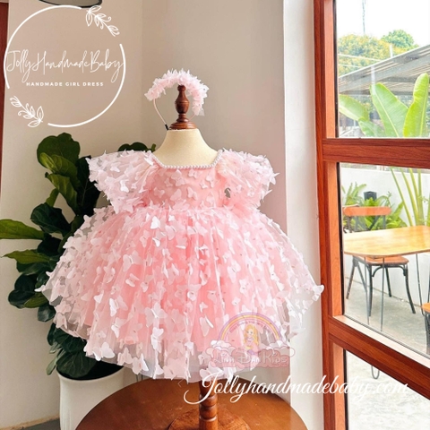 Exclusive Beaded Neck Butterfly Tulle Midi Dress with Short Sleeve in Pink | Party Dress for Baby Girl