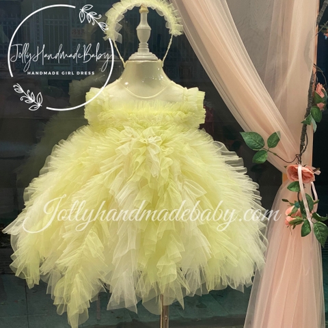 Cap Sleeve Midi Dress with Feather Style in Yellow | Tulle Dress for Baby Girl