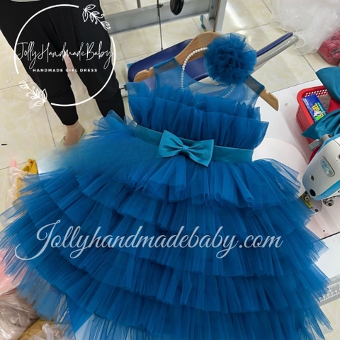 Tulle Off Shoulder Maxi Dress with 6 Layers in Royal Blue | Tulle Dress with Bow Detail for Baby Girl
