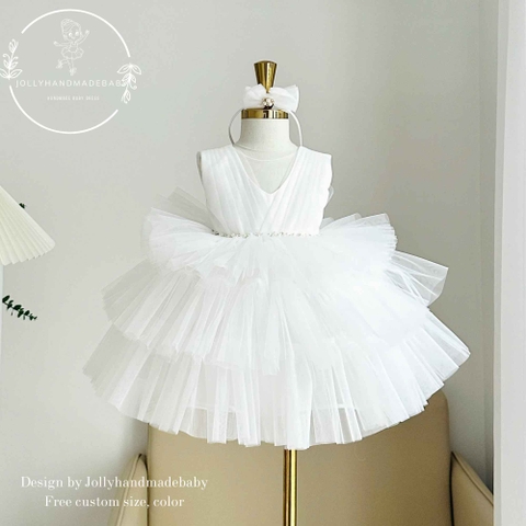 White Baby Girl Christening Dress Tulle Baptism Dress Puffy Sleeve Flower Girl Dress Toddler Princess Dress Holy Ceremony Outfit