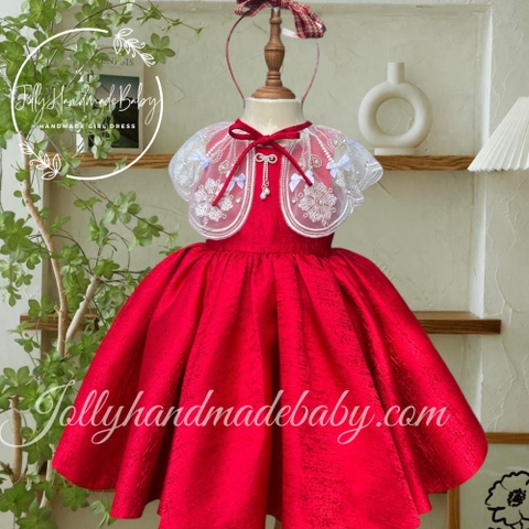 Cape Detail Pleated Cap Sleeve Tafta Midi Dress in Red | Gift for Baby Girls