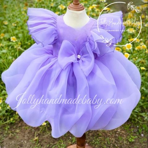 Cap Sleeve Pleated Dress with Puffball in Lavender | Organza Round Neck Midi Dress for Baby Girls