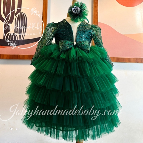 Tiered Long Sleeve with Cut Out Sequin Bodice in Green | Tulle Maxi Dress for Baby Girls