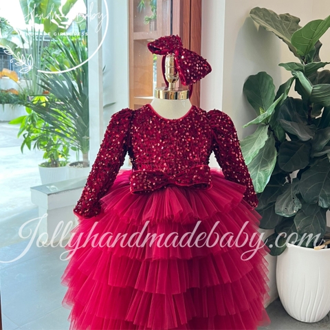Bow Detail Tiered Long Sleeve Dress with Luxury Sequin Bodice in Red | Round Neck Tulle Maxi for Baby Girls