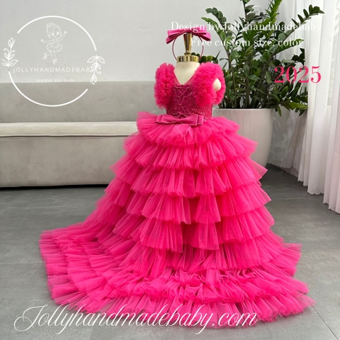 Luxury Hot Pink Long Train Girl Dress - Custom Color You Like And Custom Size