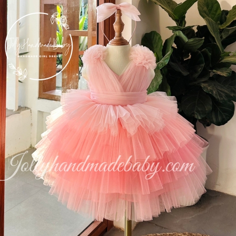 Tiered Cap Sleeve Cross Front Pink Dress with Flowers on Shoulders | Ruffle Pleated Tulle Midi Dress for Baby Girl