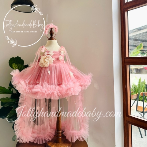 Pink Flower Girl Dress with Baby Girl Heaband | Boho Wedding Little Bridesmaid Dress | Baby Birthday Outfit | Toddler Tie Strap Dress