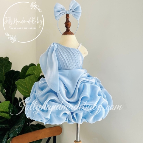 Organza One Shoulder Pleat Front Midi Dress in Light Sky Blue | Beaded Ruffle Dress for Baby Girl