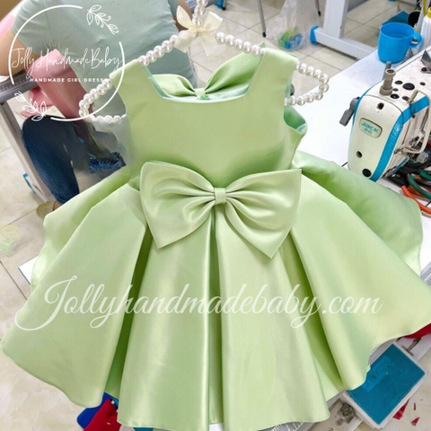 Round Neck Cap Sleeve Dress with Bow Front Detail in Sage Green | Satin Midi Dress for Baby Girls