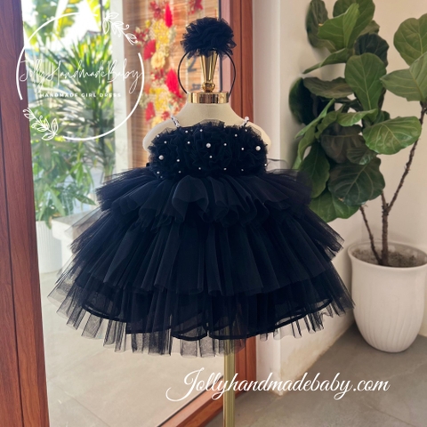 Beaded Strap Tulle Maxi Dress with 3D Flower Detail & Multi Layers in Black | Gift for Baby Girl