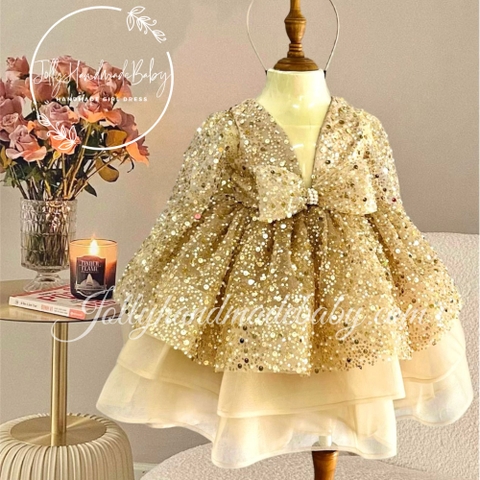 Long Sleeve Ruffle Tulle Midi Dress with Cut Out Sequin Bodice in Gold | Gift for Baby Girls