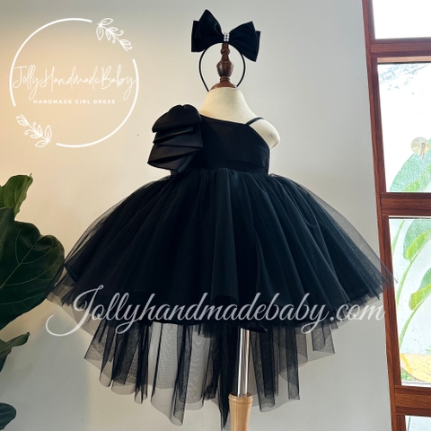 One Shoulder Spaghetti Strap Ruffle Maxi Dress in Black | Pleated Tulle Dress for Baby Girls