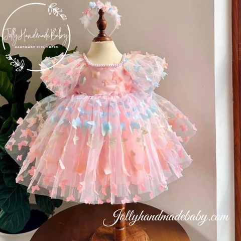 Exclusive Beaded Neck Butterfly Tulle Midi Dress with Short Sleeve in Multi Color | Party Dress for Baby Girl