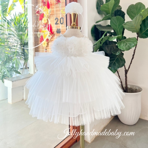 Beaded Strap Tulle Maxi Dress with 3D Flower Detail & Multi Layers in White | Gift for Baby Girl