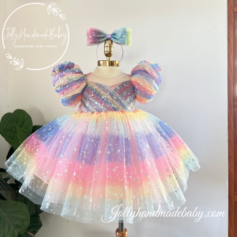 Short Sleeve Tulle Midi Dress with Cut Out V Back in Multi-Color | Princess Dress for Baby Girl