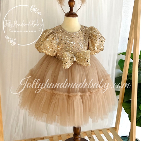 Exclusive Short Sleeve Sequin Bodice Dress in Beige with Bow Detail | Ruffle Tulle Midi Dress for Baby Girl