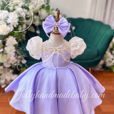 Lace Cap Sleeve with Small Bow Detail in Lavender | Tafta Midi Dress for Baby Girls