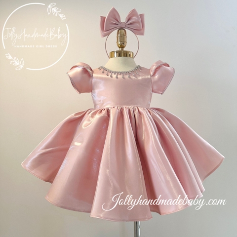 Puffy Short Sleeve Satin Midi Dress with Jewelry Detail in Mauve | Gift for Baby Girl