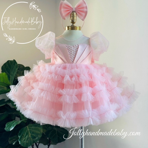 Beaded Tiered Short Sleeve Dress with Exclusive Pleated Front in Pink | Tulle Maxi Dress for Baby Girl
