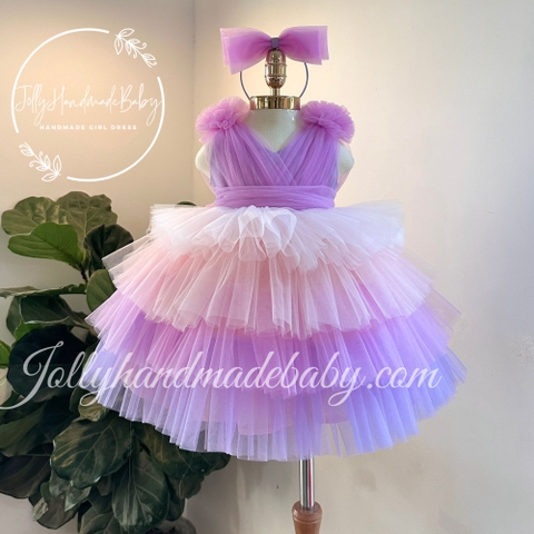 Tiered Cap Sleeve Cross Front Lavender Dress with Flowers on Shoulders | Ruffle Pleated Tulle Midi Dress for Baby Girl