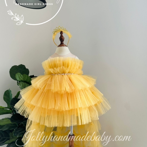 Tiered Off Shoulder Maxi Dress with Long Tail in Yellow | Tulle Dress for Baby Girl