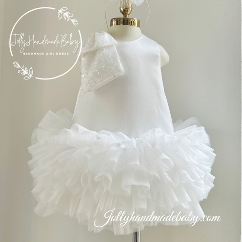 Cap Sleeve with Piece of Sequin Cloth Satin Midi Dress in White | Gift for Baby Girl