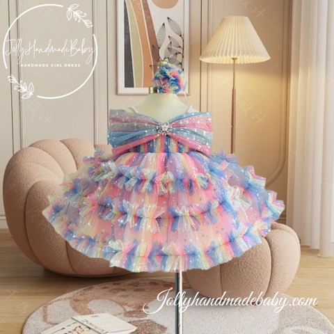 Beaded Strap Tiered Tulle Midi Dress with Snow Detail in Multi Color | Ruffle Princess Dress for Baby Girl