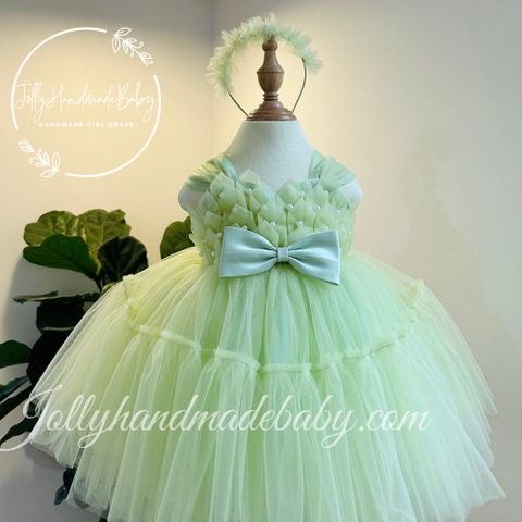 Puff Cap Sleeve Midi Dress with Bead Embroidered in Mint Green | Pleated Tulle Dress for Baby Girls