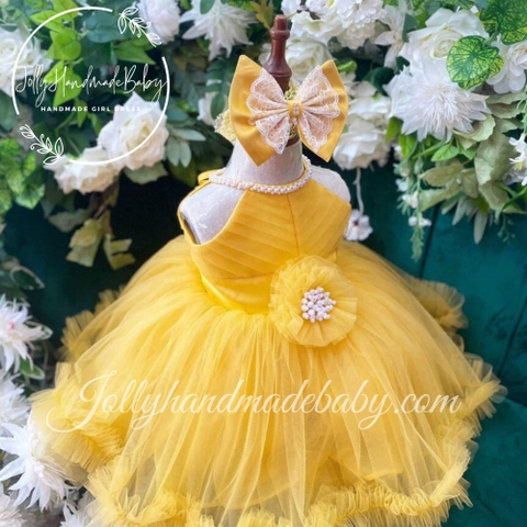 Blush Tulle Dress | Flower Girl Yellow Fluffy Dress | Baby Girls Party Wear Dress with Pearl and Bow | 1st Birthday Gift | Satin Tulle Dress