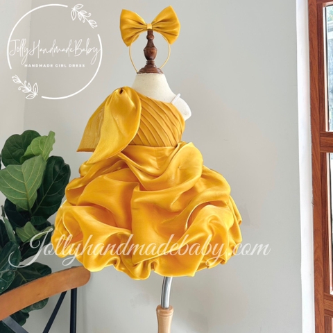 Organza One Shoulder Pleat Front Midi Dress in Orange | Beaded Ruffle Dress for Baby Girl