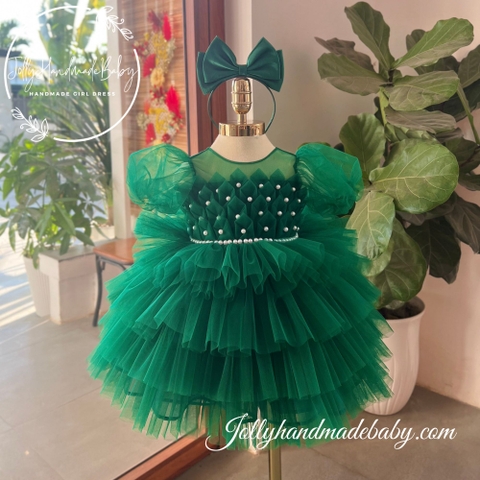 Bow Detail Short Sleeve Dress in Green with Flower Embroidered | Tulle Maxi for Baby Girls