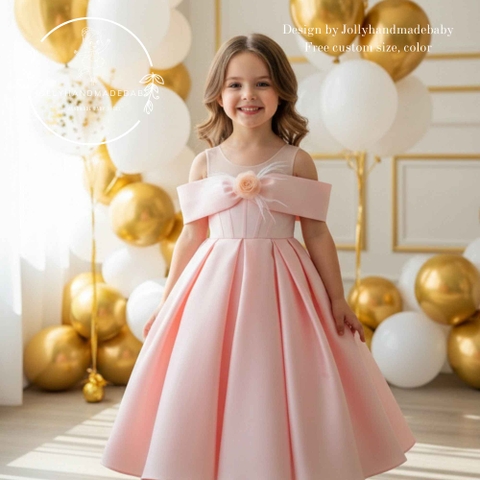 Peach Flower Girl Dress, Baby Girl Princess Dress, Toddler Birthday Dress, Off Shoulder Party Dress, First Birthday Dress