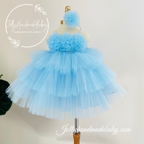 Beaded Strap Tulle Maxi Dress with 3D Flower Detail & Multi Layers in Blue | Gift for Baby Girl