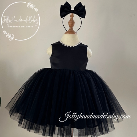 Beaded Cap Sleeve Tulle Midi Dress with V Cut Out in Black | Party Dress for Baby Girl
