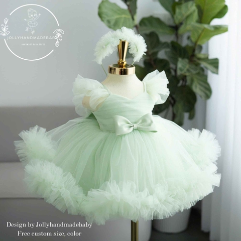 Sage Tulle Baby Dress: Handmade Ruffle Skirt, Floral Headband