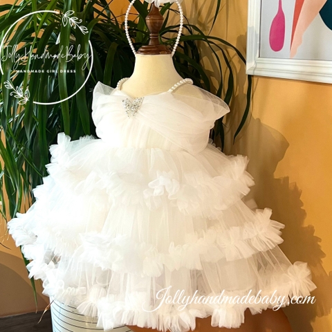 Beaded Strap Tiered Tulle Midi Dress with Butterfly Detail in White | Ruffle Princess Dress for Baby Girl