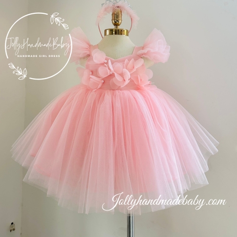Ruffle Tulle Midi Dress with 3D Butterfly & Long Train in Pink | Cap Sleeve Dress for Baby Girl