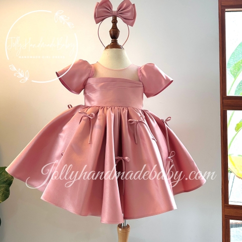 Short Sleeve Pleated Dress with Bow around Skirt in Mauve | Satin Midi Dress with Mesh Neck for Baby Girls