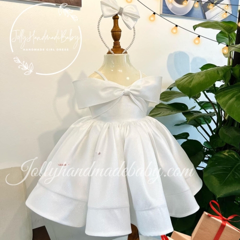 Puffy Spaghetti Strap Taffeta Midi Dress with Bow Detail in White | Pleated Princess Dress for Baby Girl
