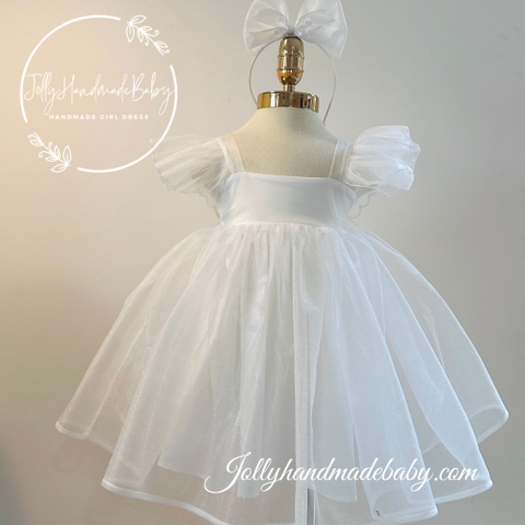 Butterfly Tulle Midi Dress with Cap Sleeve in White | Gift for Baby Girl