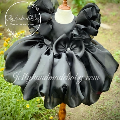 Cap Sleeve Pleated Dress with Puffball in Black | Organza Round Neck Midi Dress for Baby Girls