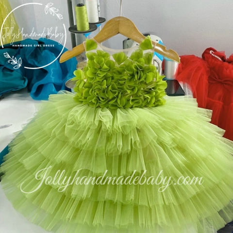 Tiered Tulle Dress with Flower in Avocado Green | Tulle Midi Dress for Baby Girl