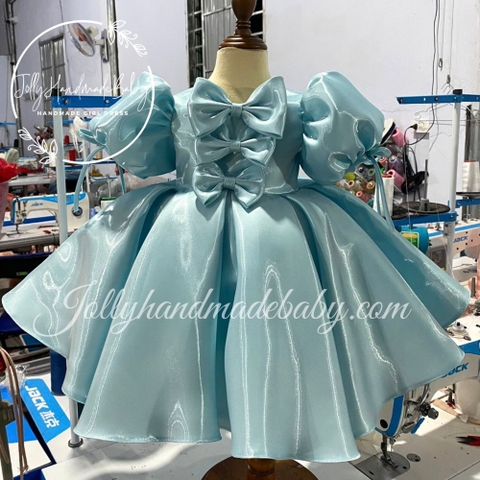 Round Neck Cap Sleeve Dress with Three Bow Front Detail in Light Sky Blue | Tafta Midi Dress for Baby Girls