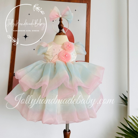 Beaded Short Sleeve Pleated Dress with Flower Applique in Multi Color | Round Neck Organza Midi Dress for Baby Girls