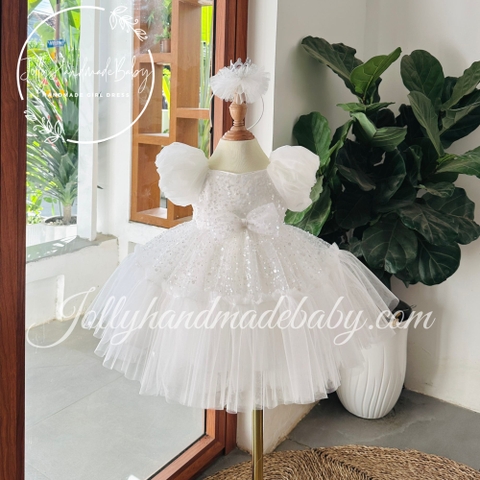 Short Sleeve with Luxury Sequin Bodice Tulle Midi Dress in White | Gift for Baby Girls
