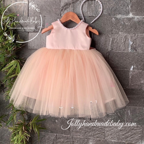 Beaded Cap Sleeve Tulle Midi Dress with V Cut Out in Sand Pink | Party Dress for Baby Girl