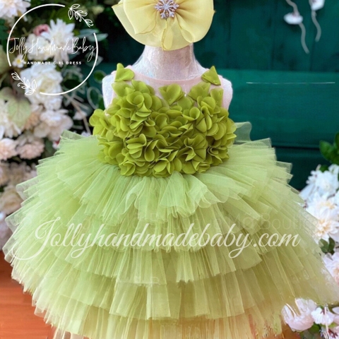 Mesh & Flower Embroidered Cap Sleeve Tiered Dress in Avocado | Beaded Tulle Maxi Dress for Baby Girls