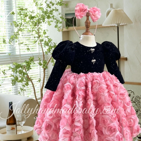 Long Sleeve Black Snow Velvet Dress with Pink Flower Skirt | Midi for Baby Girls